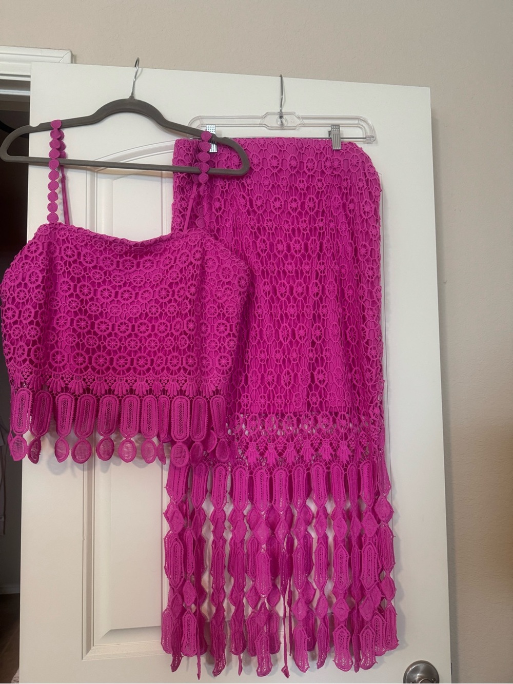 Skies Are Blue Fuchsia Crochet Fringe Crop Top & Maxi Skirt Set